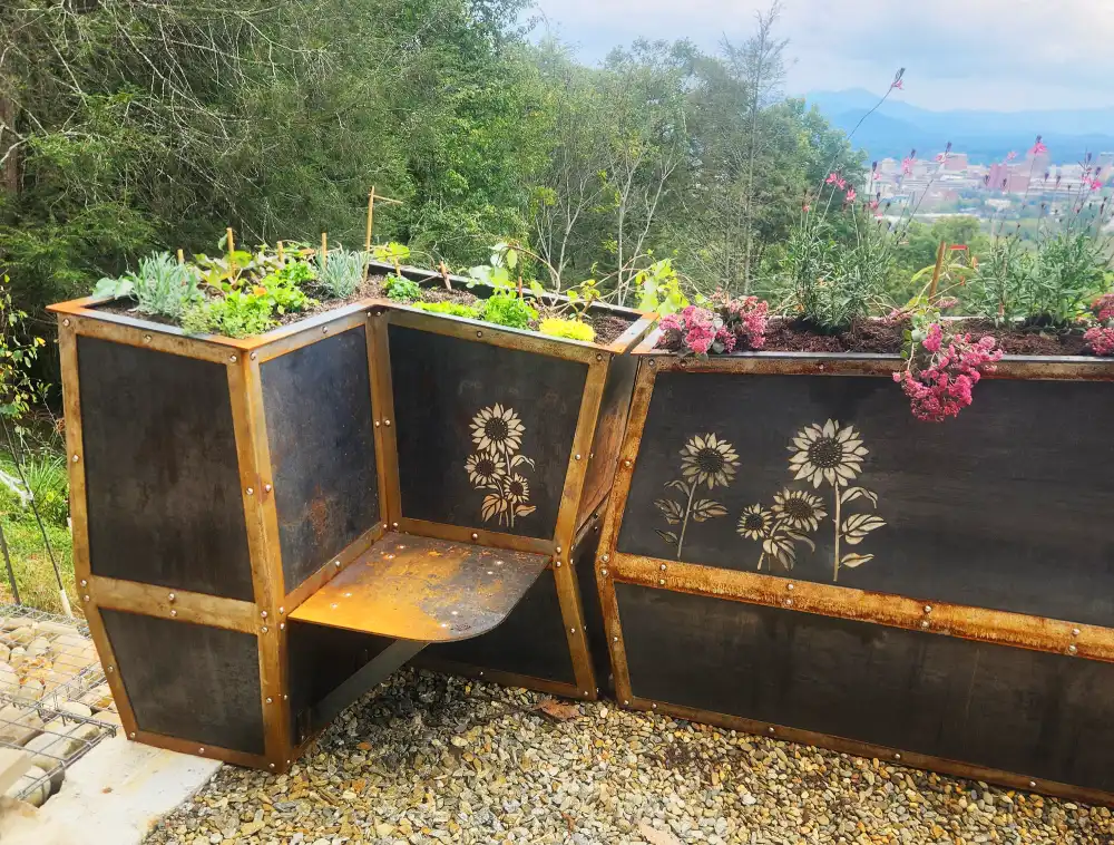 Corten Planter Boxes amd Bench with Stainless Steel Rivets and Laser Cut Designs