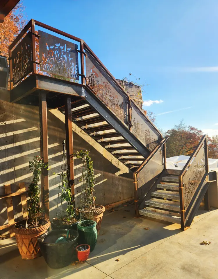 Custom Corten Exterior Stairs and Railings with Laser Cut Design and Decorative Brackets/Hardware
